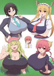  5girls baseball_cap black_hair black_shirt blonde_hair breast_envy breasts cleavage dress_shirt elma_(maidragon) eyebrows_hidden_by_hair green_background hat highres huge_breasts ilulu_(maidragon) kobayashi-san_chi_no_maidragon kobayashi_(maidragon) looking_at_viewer lucoa_(maidragon) maid multiple_girls office_lady open_mouth parted_bangs pink_hair ponponmaru red_eyes shaded_face shirt short_hair shortstack slit_pupils smile tank_top thighhighs tohru_(maidragon) twintails upper_body white_background  rating:Sensitive score:126 user:DarkToonLink