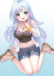  1girl ahoge bare_shoulders black_shirt blue_eyes blue_shorts breasts camisole cleavage collarbone commission crop_top cutoffs denim denim_shorts earrings fujikura_ryuune gradient_hair hand_up index_finger_raised indie_virtual_youtuber jacket jewelry large_breasts long_hair long_sleeves looking_at_viewer midriff multicolored_hair navel necklace off_shoulder open_clothes open_jacket open_mouth sandals setsuna_meguri shirt short_shorts shorts sidelocks sitting skeb_commission sleeveless sleeveless_shirt smile solo spaghetti_strap stomach thighs torn_clothes torn_shorts virtual_youtuber wariza white_hair white_jacket 