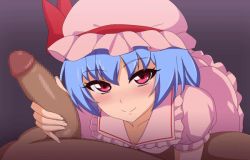 1boy 1girl aankau animated animated_gif blue_hair blush bow clothed_female_nude_male dark-skinned_male dark_skin dress gradient_background handjob hat hetero looking_at_viewer mob_cap naughty_face nude penis pink_dress red_bow red_eyes remilia_scarlet short_hair smile touhou
