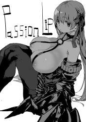 10s 1girl absurdres areola_slip bare_shoulders breasts cleavage fate/extra fate/extra_ccc fate_(series) gauntlets greyscale highres huge_breasts large_breasts long_hair monochrome oosawara_sadao pantyhose passionlip_(fate) simple_background solo white_background rating:Questionable score:36 user:danbooru