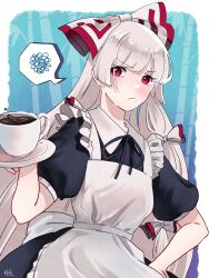  1girl alternate_costume angry apron back_bow bamboo black_dress black_ribbon blue_background bow coffee_mug collared_dress commentary_request cup dress enmaided frilled_apron frills frown fujiwara_no_mokou hair_bow hair_ribbon hand_on_own_hip highres hime_cut holding holding_saucer light_blush long_hair looking_at_viewer maid mokoiscat mug multiple_hair_bows neck_ribbon puffy_short_sleeves puffy_sleeves red_eyes ribbon saucer short_sleeves solo spoken_squiggle squiggle touhou upper_body very_long_hair white_apron white_background white_hair 