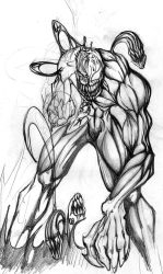  1boy carnage_(marvel) claws dark_persona highres klyntar male_focus marvel monochrome muscular okami_7 open_mouth sharp_teeth sketch skin_tight solo symbiote teeth tongue  rating:Questionable score:3 user:Okami_7