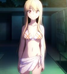  1girl bikini blank_stare blonde_hair breasts highres long_hair looking_at_viewer night night_sky outdoors poolside red_eyes sakura-sou_no_pet_na_kanojo screencap shiina_mashiro sky solo stitched swimsuit third-party_edit  rating:Questionable score:3 user:Karmakaze