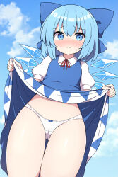 1girl blue_bow blue_dress blue_eyes blue_hair blue_sky blush bob_cut bow cameltoe cirno cleft_of_venus clothes_lift cloud commentary_request dot_nose dress dress_lift flat_chest from_below frown furrowed_brow groin hair_bow highres ice ice_wings lifting_own_clothes looking_at_viewer nose_blush panties pinafore_dress puffy_sleeves red_ribbon ribbon rizento short_hair short_sleeves sky sleeveless sleeveless_dress solo sweatdrop thigh_gap thighs touhou underwear upskirt white_panties wings rating:Questionable score:99 user:danbooru