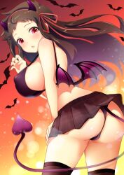 1girl :o ass ayame_(senran_kagura) bat_(animal) bat_wings betterthanbone2 black_bra black_hair black_horns black_tail blush body_blush bra breasts claw_pose clothes_lift covered_erect_nipples demon demon_girl demon_horns demon_tail demon_wings gradient_background hair_ornament hair_ribbon horns large_breasts lens_flare lens_flare_abuse lifted_by_tail lifting_own_clothes long_hair looking_at_viewer looking_back low_wings microskirt open_mouth orange_background panties pleated_skirt red_eyes ribbon senran_kagura senran_kagura_new_wave shiny_skin sideboob skirt skirt_lift solo tail thighhighs underwear wings 