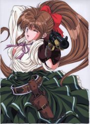  1990s_(style) 1girl aiming aiming_at_viewer arm_behind_head arm_up belt blue_eyes breasts brown_hair bullet cleavage gloves green_skirt gun gunblaze hair_ribbon handgun high_ponytail highres holding holding_gun holding_weapon holster long_hair long_skirt long_sleeves looking_at_viewer medium_breasts non-web_source official_art one_eye_closed open_mouth outstretched_arm retro_artstyle revolver ribbon simple_background skirt solo very_long_hair weapon white_background 