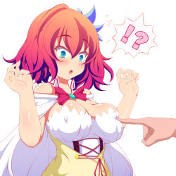 !? 10s 1girl bare_shoulders blue_eyes blush breast_poke breasts brooch cape covered_erect_nipples flower hair_flower hair_ornament jewelry large_breasts maeda_kousuke no_game_no_life open_mouth pink_hair poking red_hair short_hair simple_background solo stephanie_dora surprised white_background rating:Sensitive score:88 user:danbooru