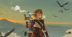  1boy arrow_(projectile) belt bird blue_eyes bow breath brown_hair cloud earrings floating_hair gloves jewelry landscape leopardtiger link looking_to_the_side mountain nintendo outdoors pointy_ears quiver sheath shoulder_pads sidelocks sky snow snowquill_set_(zelda) solo sunrise sunset sword the_legend_of_zelda the_legend_of_zelda:_breath_of_the_wild weapon 