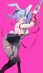  1girl :t animal_ears arm_belt arm_ribbon between_breasts between_thighs black_leotard black_pantyhose blue_eyes blue_hair breasts clothing_cutout commentary cuffs cutout_above_navel fake_animal_ears fake_tail feet_out_of_frame fishnet_pantyhose fishnets hair_ornament handcuffs hatsune_miku heart_cutout highres holding holding_pole knees_together_feet_apart leotard looking_at_viewer medium_breasts medium_hair nail_polish o-ring o-ring_thigh_strap pantyhose pink_background pink_nails pink_ribbon playboy_bunny pole rabbit_ears rabbit_hair_ornament rabbit_hole_(vocaloid) rabbit_tail ribbon sideboob simple_background solo stripper_pole sweat tail teardrop_facial_mark thigh_gap thigh_strap twintails vocaloid x_hair_ornament yuuhi_homare 