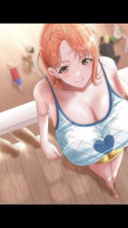 1girl 4boys blurry blurry_background blush breasts brown_eyes camisole cleavage collarbone dress highres large_breasts letterboxed moriton multiple_boys nami_(one_piece) one_piece orange_hair perspective sanji_(one_piece) short_hair smile solo rating:Sensitive score:57 user:danbooru