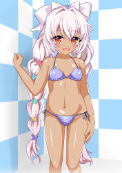  1girl absurdres bikini blue_bikini blush blush_stickers bow braid butterfly_hair_ornament checkered_background covered_erect_nipples dark-skinned_female dark_skin feet_out_of_frame female_focus flat_chest hair_bow hair_ornament hand_on_own_thigh hand_on_wall highres light_blush long_hair looking_at_viewer low_twintails micro_bikini mireille_lerner neko_totora open_mouth orange_eyes shiny_skin shironeko_project side-tie_bikini_bottom smile solo standing swimsuit tile_wall tiles tina_topia twintails very_long_hair white_bow white_hair 