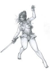  1girl artist_request assassin blood bottomless breasts female_pubic_hair monochrome nipples open_clothes pubic_hair simple_background sketch solo standing sword weapon  rating:Explicit score:1 user:orugu