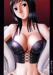  1girl alabasta black_corset black_hair breasts brown_eyes cleavage coat corset crimson_comics cross-laced_clothes fur_trim hands_on_own_hips highres midriff nico_robin nico_robin_(alabasta) one_piece solo white_coat  rating:Sensitive score:26 user:Cacodemon
