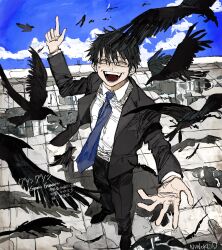  1boy bird black_footwear black_hair black_pants black_suit blue_necktie blue_sky closed_eyes collared_shirt commentary crow day dress_shirt facing_viewer falling_feathers feathers flock forced_smile formal furrowed_brow glasses gomibaketsu3 hand_up highres jacket long_sleeves looking_at_viewer male_focus necktie on_rooftop open_clothes open_jacket open_mouth original outdoors outstretched_hand pants pointing pointing_up puddle shadow shirt short_hair signature sky smile solo song_name standing suit suit_jacket teeth 