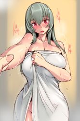 1girl aged_up blush breasts cleavage covering_privates female_pov grey_hair groin huge_breasts long_hair looking_at_viewer mirror naked_towel open_mouth outstretched_hand pov reaching reaching_towards_viewer red_eyes reflection rozen_maiden selfie solo suigintou sweat towel towel_slip tsuda_nanafushi wet white_towel wide_hips rating:Questionable score:82 user:danbooru