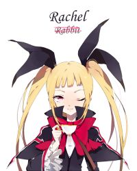  1girl black_bow black_capelet black_jacket blazblue blonde_hair blunt_bangs bow bowtie buttons capelet character_name closed_mouth collared_capelet commentary_request cup eyelashes frilled_sleeves frills hair_bow high_collar holding holding_cup jacket light_smile long_hair long_sleeves looking_at_viewer one_eye_closed pink_eyes rachel_alucard red_bow red_bowtie shirt simple_background solo straight-on twintails unagi_(nakaelric) upper_body v-neck very_long_hair white_background white_shirt wide_sleeves 