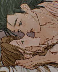  1boy 1girl aerith_gainsborough black_hair blue_eyes blush boy_on_top brown_hair close-up collarbone couple crisis_core_final_fantasy_vii cross_scar earrings eye_contact facial_scar final_fantasy final_fantasy_vii final_fantasy_vii_remake green_eyes hand_on_another&#039;s_face hetero imminent_kiss jewelry looking_at_another lying nude on_back open_mouth parted_bangs scar scar_on_cheek scar_on_face single_earring spiked_hair square_enix stud_earrings sweat sylvthea upper_body zack_fair  rating:Sensitive score:5 user:cp456000