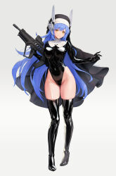  1girl absurdres assault_rifle blue_archive blue_hair bullpup cosplay earphones eotech full_body girls&#039;_frontline gun habit highleg highleg_leotard highres iwi_tavor justina_follower_(blue_archive) latex latex_leotard latex_thighhighs leotard long_hair rifle sakurako_(blue_archive) sakurako_(blue_archive)_(cosplay) simple_background solo tar-21_(girls&#039;_frontline) thighhighs weapon white_background y.i._(lave2217) yellow_eyes 