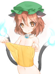 animal_ears blush brown_eyes brown_hair cat_ears chen hair_between_eyes hashimoto_w.s. hat heart heart-shaped_pupils loli multiple_tails navel nude out-of-frame_censoring short_hair smile solo symbol-shaped_pupils tail touhou rating:Questionable score:25 user:danbooru