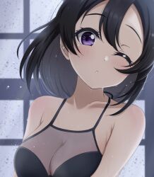  1girl bare_shoulders black_camisole black_hair breasts camisole cleavage collarbone large_breasts light_blush looking_at_viewer love_live! love_live!_sunshine!! one_eye_closed purple_eyes satolive20 see-through short_hair solo sweat upper_body watanabe_tsuki  rating:Sensitive score:15 user:danbooru