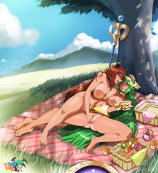  2girls armor breasts crossover cyberunique fingering food green_hair hair_ornament horns kid_icarus large_breasts maou_(maoyuu) maoyuu_maou_yuusha multiple_girls nintendo nude outdoors palutena pussy_juice sky staff tagme tan tanline uncensored  rating:Explicit score:102 user:MysteryJ1