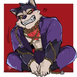  1boy animal_ears bara black_sclera border butterfly_sitting chain chest_hair colored_sclera dog_boy dog_ears dog_tags fangs full_body furry furry_male gakuran garmr_(housamo) grin hands_on_feet happy heart highres jacket male_focus muscular muscular_male open_clothes open_jacket outside_border red_background school school_uniform signature simple_background sitting smile solo tokyo_houkago_summoners torn_clothes white_border yurunezi 