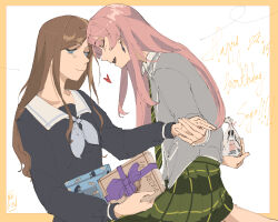  2girls absurdres bang_dream! bang_dream!_it&#039;s_mygo!!!!! black_shirt blue_eyes book border box brown_hair chihaya_anon closed_eyes closed_mouth commentary cursive earrings english_commentary fang forehead-to-forehead gift gift_box green_necktie green_skirt grey_jacket grey_neckerchief haneoka_school_uniform happy_birthday heads_together highres holding holding_gift holding_hands jacket jewelry long_hair multiple_girls nagasaki_soyo neckerchief necktie neinthedeer open_mouth pink_hair plaid plaid_skirt pleated_skirt sailor_collar school_uniform shirt simple_background sitting sitting_on_lap sitting_on_person skirt smile tsukinomori_school_uniform white_background white_sailor_collar yellow_border yuri 