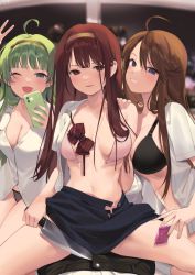  1boy 3girls ;d ahoge arm_behind_back arm_up armpit_crease artist_name belt black_belt black_bra black_panties black_pants blue_eyes blue_skirt blunt_bangs blurry blurry_background blush bottomless bow bow_hairband bowtie bra breast_press breasts breasts_apart brown_bow brown_hair brown_hairband buttons cellphone cleavage collarbone collared_shirt condom condom_wrapper diagonal-striped_bow diagonal-striped_bowtie diagonal-striped_clothes diagonal-striped_neckwear dress_shirt fingernails girl_on_top green_hair grin hair_between_eyes hair_bow hairband hand_on_another&#039;s_shoulder hand_up hetero highres holding holding_condom holding_knife holding_phone idolmaster idolmaster_million_live! idolmaster_million_live!_theater_days indoors kitchen_knife knife large_breasts long_hair looking_at_viewer miniskirt multiple_girls navel night no_panties no_pants nys off_shoulder one_eye_closed open_bra open_clothes open_mouth open_shirt open_skirt panties pants parted_lips partially_unbuttoned phone pink_bra pleated_skirt pov red_bow red_eyes red_neckwear shimabara_elena shirt short_sleeves sidelocks single_bare_shoulder skirt smartphone smile socks spread_legs stomach string_panties striped_bow striped_bowtie striped_clothes striped_neckwear swept_bangs tanaka_kotoha tokoro_megumi underwear undone_bowtie unfastened v v-shaped_eyebrows white_shirt window yandere yellow_hairband  rating:Questionable score:62 user:danbooru