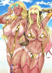 2girls animal_print armpits artist_request bangle beach bikini blonde_hair blue_eyes blush bracelet breast_tattoo breasts choker cleavage clothing_cutout dark-skinned_female dark_skin earrings elbow_gloves fellatio_gesture garter_straps gloves gluteal_fold gold_bikini heart heart-shaped_eyewear heart_cutout hoop_earrings huge_breasts jewelry large_breasts long_hair multicolored_hair multiple_girls navel necklace o-ring ocean open_mouth outdoors pink_eyes pink_hair revealing_clothes sagattoru shatte_judevesten skindentation slingshot_swimsuit star_(symbol) star_tattoo sunglasses sunglasses_on_head super_robot_wars super_robot_wars_dd sweat swimsuit tan tanline tattoo thigh_gap thighhighs tongue tongue_out two-tone_hair