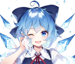 1girl ahoge blue_bow blue_eyes blue_hair bow cirno collar hair_bow ke-ta neck_ribbon one_eye_closed puffy_short_sleeves puffy_sleeves red_ribbon ribbon short_hair short_sleeves simple_background smile solo teeth touhou upper_teeth_only white_background white_collar rating:Sensitive score:23 user:danbooru