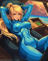  1girl blonde_hair blue_bodysuit blue_eyes bodysuit breasts cameltoe cleft_of_venus covered_erect_nipples covered_navel impossible_bodysuit impossible_clothes itzah large_breasts long_hair looking_at_viewer metroid mole mole_under_mouth nintendo pixel_art ponytail samus_aran skin_tight solo thighs zero_suit  rating:Questionable score:15 user:danbooru