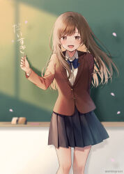  1girl :d black_skirt blazer blue_bow blush bow brown_eyes brown_hair brown_jacket chalk chalkboard collared_shirt commentary_request dress_shirt feet_out_of_frame holding jacket long_hair looking_at_viewer midorikawa_you open_mouth original parted_bangs petals pleated_skirt school_uniform shirt skirt smile solo translation_request twitter_username very_long_hair white_shirt 