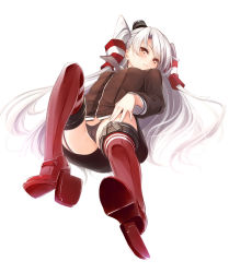 10s 1girl amatsukaze_(kancolle) bad_id bad_pixiv_id black_panties brown_eyes dress garter_straps kantai_collection long_hair matsuyama_nozomu panties sailor_dress short_dress silver_hair simple_background solo striped_clothes striped_thighhighs thighhighs twintails two_side_up underwear