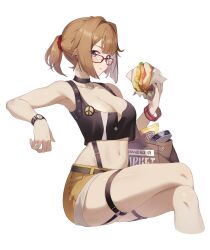  1girl :t absurdres bag bare_arms bare_legs bare_shoulders black_tank_top breasts brown_hair burger cleavage commentary_request commission crop_top feet_out_of_frame food girls&#039;_frontline glasses grizzly_mkv_(girls&#039;_frontline) hand_up highres holding holding_food large_breasts looking_at_viewer midriff navel no.1_machine ponytail purple_eyes red-framed_eyewear second-party_source short_hair short_shorts shorts simple_background sitting solo stomach tank_top thigh_strap thighs watch white_background wristwatch yellow_shorts 