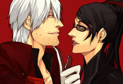 00s 1boy 1girl bayonetta bayonetta_(series) bayonetta_1 black_hair blue_eyes bodysuit capcom coat couple creator_connection crossover dante_(devil_may_cry) devil_may_cry_(series) earrings eye_contact facial_hair glasses gloves grabbing_another&#039;s_chin hair_bun hair_ribbon hand_on_another&#039;s_chin hetero hiryuu jewelry lips lipstick long_hair looking_at_another makeup mole mole_under_mouth nervous red_ribbon ribbon short_hair simple_background single_hair_bun stubble sweat sweatdrop trench_coat white_hair rating:Questionable score:14 user:salarta