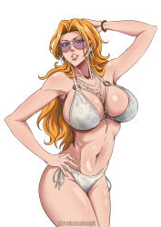  1girl absurdres arm_up bikini bleach breasts cleavage earrings female_focus grand_theft_auto grand_theft_auto_vi hand_on_own_hip highres huge_breasts jewelry lips long_hair looking_at_viewer matsumoto_rangiku mole mole_under_mouth navel necklace orange_hair rakusakugk solo sunglasses swimsuit  rating:Sensitive score:61 user:catonfire26