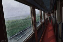  1other blood hirokima horror_(theme) monsterification original railroad_tracks rain standing tentacles train_interior 