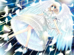  angel_wings birdcage blue_eyes cage dress feathers flying open_mouth ribbon short_hair solo wings ywaka 