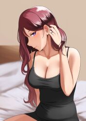  1girl adjusting_hair bed bed_sheet bedroom blurry blurry_background blush breasts collarbone commentary_request hair_behind_ear hand_in_own_hair highres indoors jewelry long_hair looking_at_viewer love_live! love_live!_school_idol_project lying mature_female medium_breasts mole mole_under_mouth niaru_(r2pi) nishikino_maki&#039;s_mother on_bed on_side pillow purple_eyes red_hair ring smile solo 
