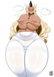  1girl artist_name blonde_hair blush breasts covering_breasts covering_privates cowboy_shot dark-skinned_female dark_skin gluteal_fold horn huge_breasts long_hair monster_musume_no_iru_nichijou navel nervous_smile open_mouth pantyhose pointy_ears red_eyes simple_background smile solo standing thigh_gap tionishia topless virusotaku white_background white_pantyhose 