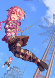 2girls :d absurdres amusement_park arms_behind_back artist_name astolfo_(fate) astolfo_(memories_at_trifas)_(fate) bdsm belt between_breasts black_pantyhose black_skirt blue_sky blush bondage boots bound bound_arms bound_legs braid breast_bondage breasts closed_eyes cloud crotch_rope crying d; day fang fate/apocrypha fate/grand_order fate_(series) feet female_focus ferris_wheel from_below fujimaru_ritsuka_(female) full_body genderswap genderswap_(mtf) half-closed_eye happy highres himitsu_(hi_mi_tsu_2) jacket legs_together long_hair medium_breasts midair midriff_peek miniskirt multicolored_hair multiple_girls no_shoes nose_blush official_alternate_costume one_eye_closed open_clothes open_jacket open_mouth orange_hair outdoors pantyhose pink_eyes pink_hair pink_jacket pleated_skirt restrained saliva shibari shibari_over_clothes shirt side_ponytail single_braid skin_fang skirt sky smile solo_focus striped_clothes striped_shirt suspension swing tears trap two-tone_hair uneven_eyes white_hair rating:Questionable score:199 user:danbooru