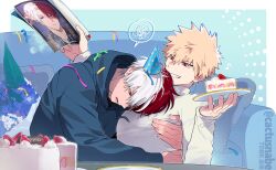  2boys bakugou_katsuki blonde_hair blue_background blue_flower blue_hoodie boku_no_hero_academia border bouquet brown_eyes cactusnabe cake character_name confetti couch flower food fruit grin hair_between_eyes highres holding holding_magazine hood hood_down hoodie hug leaf long_sleeves lying magazine_(object) male_focus motion_lines multicolored_hair multiple_boys musical_note on_couch open_mouth red_hair short_hair smile speech_bubble star_(symbol) starry_background strawberry strawberry_shortcake sweater teeth todoroki_shouto twitter_username two-tone_hair upper_body white_border white_hair white_sweater 