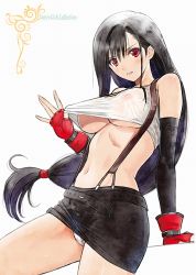  1990s_(style) 1girl black_hair breasts clothes_pull final_fantasy final_fantasy_vii gloves highres large_breasts no_bra panties red_eyes retro_artstyle see-through shirt_pull skirt smile tifa_lockhart tony_taka transparent underwear  rating:Questionable score:46 user:loddies