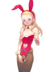  1girl :d animal_ears anlucea bangs_pinned_back bar_censor bare_arms bare_shoulders belt black_pantyhose blonde_hair blue_eyes blush censored clothing_cutout collarbone cowboy_shot crotchless double_bun dragon_quest dragon_quest_x fake_animal_ears flat_chest forehead full-face_blush hair_bun hairband heart_cutout highres leotard long_hair looking_at_viewer mole mole_under_mouth navel navel_cutout nipples open_mouth pantyhose pink_hairband pink_leotard playboy_bunny ponytail pussy rabbit_ears simple_background smile solo standing strapless strapless_leotard supurai sweat tareme thigh_gap white_background wrist_cuffs  rating:Explicit score:41 user:danbooru