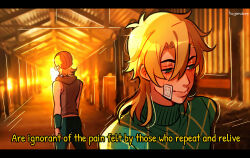  2boys artist_name bandaid bandaid_on_cheek bandaid_on_face barn_interior blonde_hair commentary diego_brando english_commentary english_text green_eyes green_pants green_sweater hat highres huyandere johnny_joestar jojo_no_kimyou_na_bouken letterboxed lips male_focus medium_hair multiple_boys pants signature smile star_(symbol) steel_ball_run striped_clothes striped_headwear sweater turtleneck turtleneck_sweater wristband 
