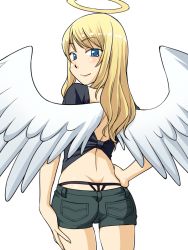  1girl angel angel_wings ass back bad_id bad_pixiv_id blonde_hair blue_eyes butt_crack g-string halo hand_on_own_hip hand_on_thigh hinemosu_notari hip_focus long_hair original panties short_shorts shorts simple_background smile solo source_request t-back thong trefoil underwear whale_tail_(clothing) wings  rating:Questionable score:51 user:danbooru