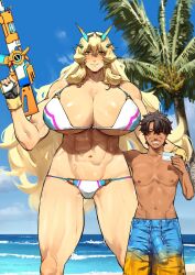  1boy 1girl abs arm_up assault_rifle barghest_(fate) barghest_(swimsuit_archer)_(fate) black_hair blonde_hair blue_sky blush breasts bulge cleavage erection erection_under_clothes fate/grand_order fate_(series) fujimaru_ritsuka_(male) gloves green_eyes grin gun highres horns huge_breasts long_hair muscular muscular_female navel nimuno_(munimuni) palm_tree rifle short_hair sky smile tan tree waves weapon 