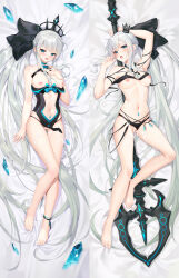  1girl barefoot bed_sheet black_bow blue_choker blue_eyes blush bow braid breasts choker cleavage clothing_cutout cum cum_on_body dakimakura_(medium) french_braid full_body grey_hair hair_bow highres kirilenko_(cgd) large_breasts long_hair long_sleeves looking_at_viewer lying morgan_le_fay_(fate) navel nipples on_stomach open_mouth ponytail sidelocks solo stomach_cutout stomach_tattoo tattoo thighs very_long_hair  rating:Explicit score:14 user:danbooru