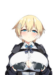 1girl black_gloves black_jacket blonde_hair blue_eyes blue_ribbon blush breasts buckle button_gap cleavage cleavage_cutout clothing_cutout collared_shirt commentary girls&#039;_frontline gloves hair_between_eyes hair_ornament heavy_breathing jacket kumasteam large_breasts long_sleeves looking_at_viewer magazine_(weapon) mole mole_under_eye neck_ribbon open_clothes open_jacket paizuri_invitation partially_unbuttoned ribbon shirt short_hair sidelocks simple_background snap-fit_buckle snowflake_hair_ornament solo sweat upper_body vsk-94_(girls&#039;_frontline) walkie-talkie white_background white_shirt rating:Questionable score:131 user:danbooru