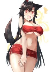 1girl :d @_@ ^^^ alternate_costume animal_ear_fluff animal_ears bandeau bare_arms bare_shoulders black_hair blush breasts cleavage collarbone commentary_request covering_privates covering_crotch cowboy_shot embarrassed groin hair_between_eyes imaizumi_kagerou large_breasts long_hair looking_at_viewer microskirt navel nose_blush open_mouth panties panty_peek pantyshot red_eyes red_skirt revealing_clothes side_slit sidelocks simple_background skirt smile solo standing stomach strapless suminagashi tail tears thighs touhou tube_top underboob underwear very_long_hair white_background white_panties wolf_ears wolf_tail rating:Sensitive score:36 user:danbooru